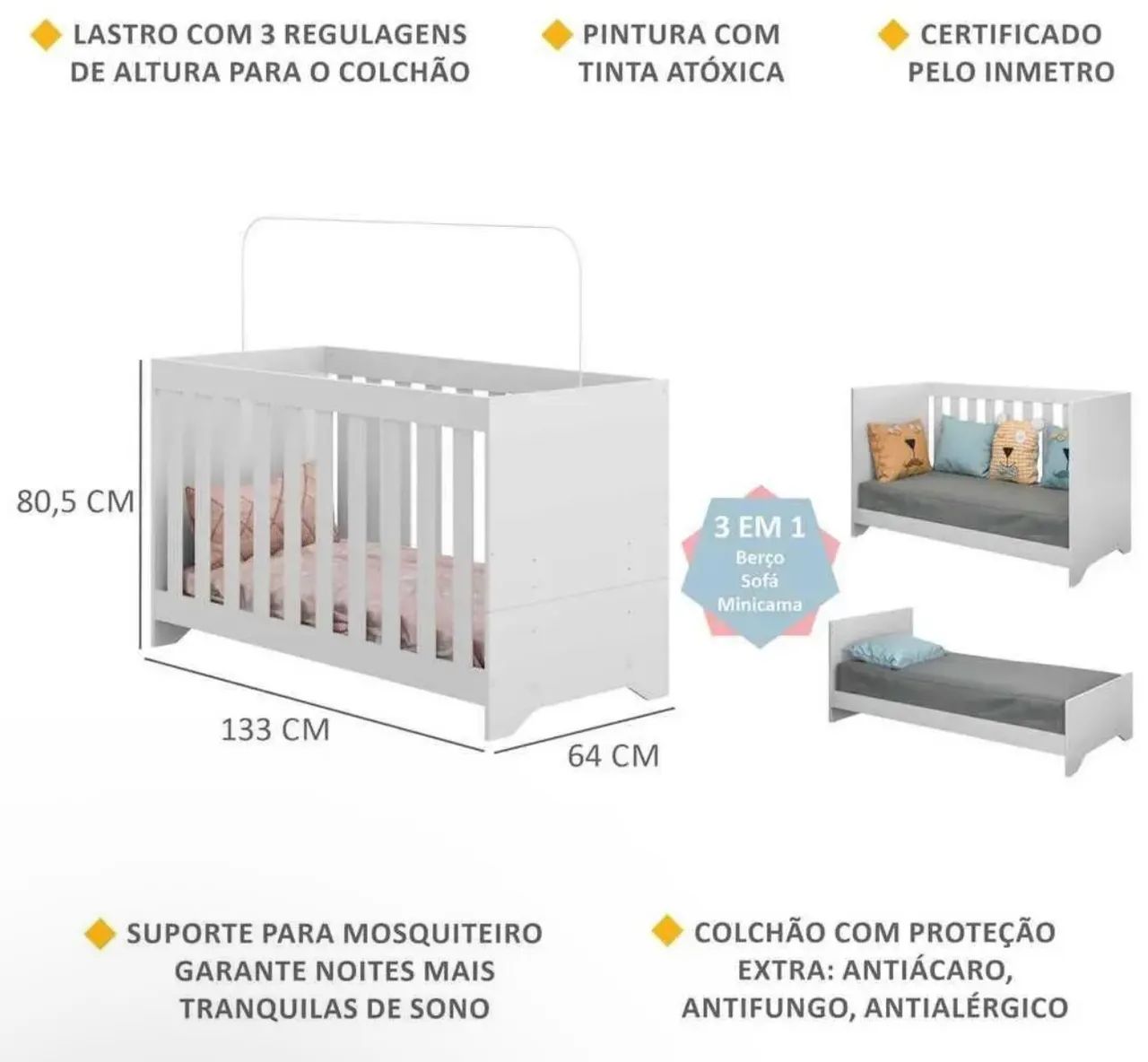 Berço 3 em 1 vira cama com Colchão Incluso