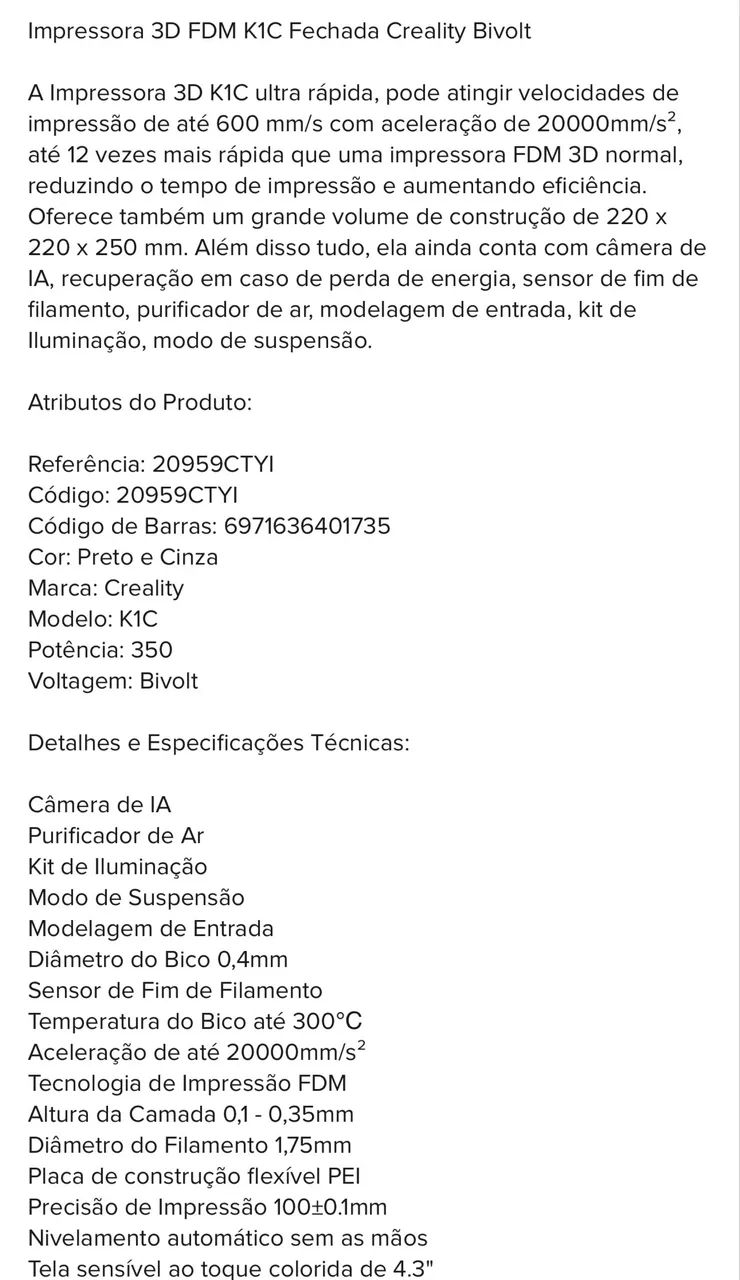 Impressora 3D Creality K1C (imprime fibra de carbono) - Foto 4