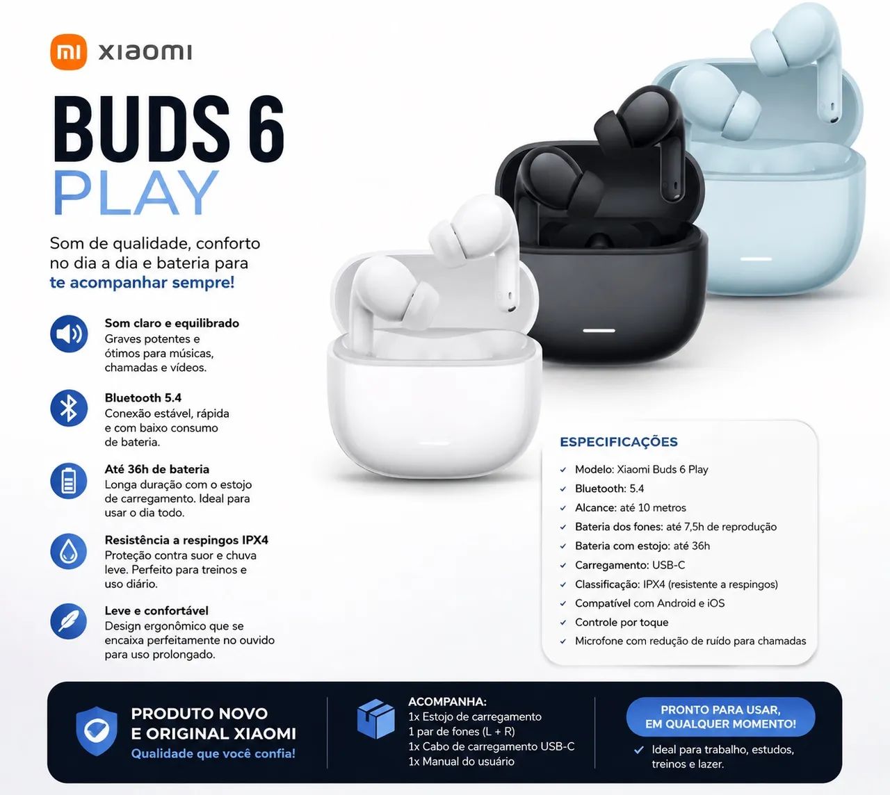 Fone Xiaomi Buds 6 Play - Novo e Original!
