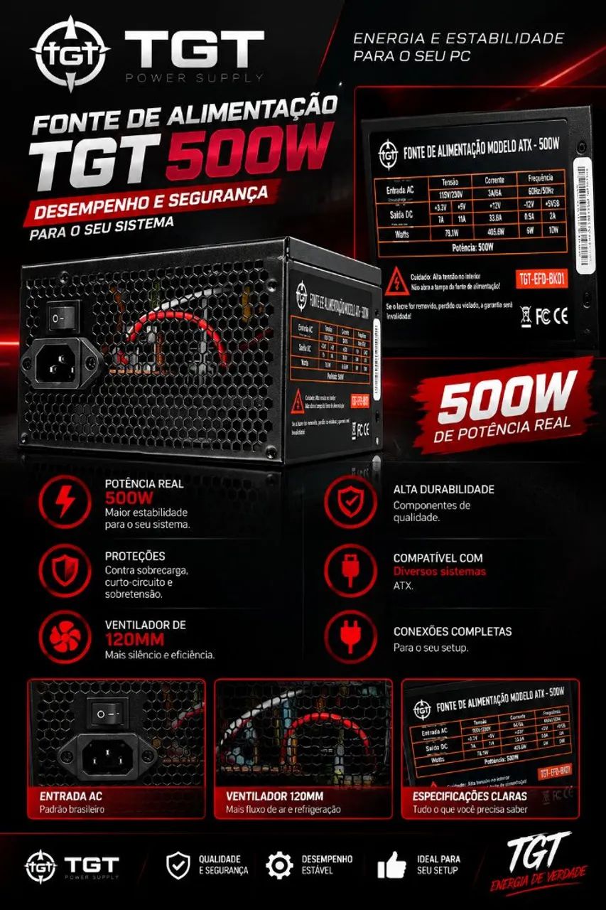 FONTE DE ALIMENTAÇÃO TGT 500W ATX