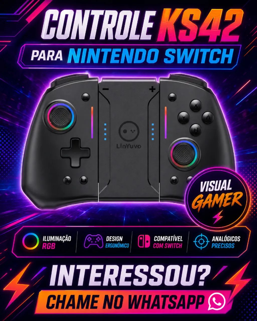 CONTROLE GAME SEM FIO KS42 COMPATIVEL COM NINTENDO SWITCH/ LITE/ OLED - Foto 2