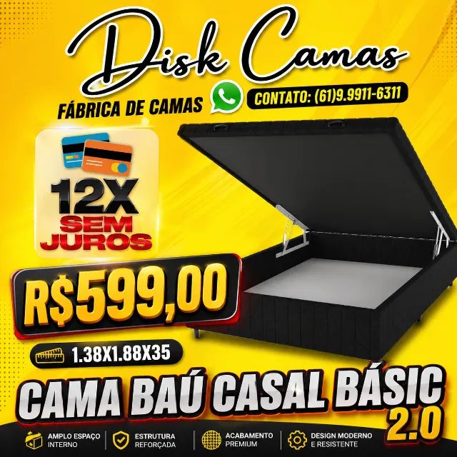 Cama Baú Casal Basic 2.0 - Qualidade de Fábrica com Super Espaço e Oferta Imperdível!