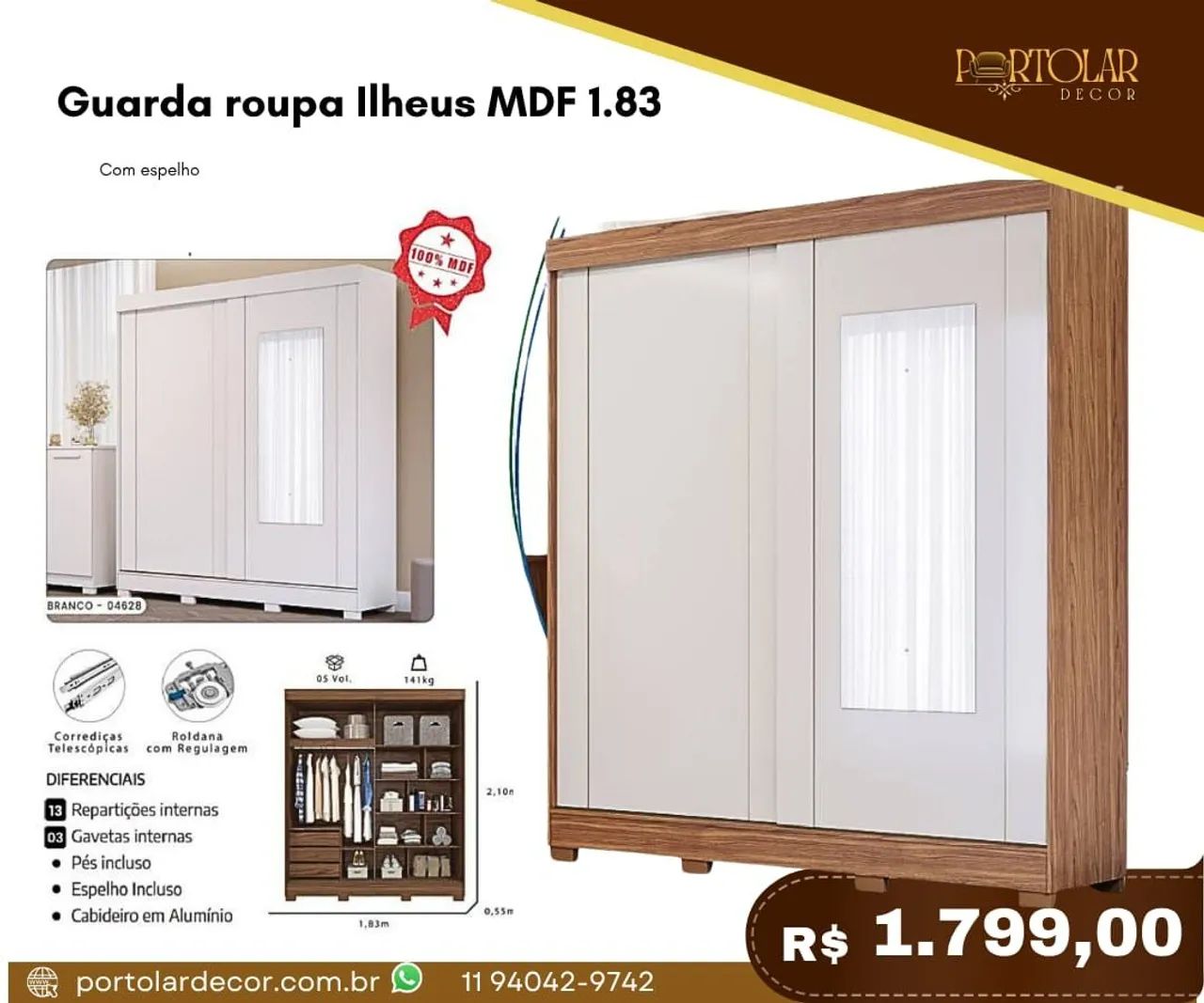 Guarda Roupa ilhéus MDF 1.83 - à pronta entrega 
