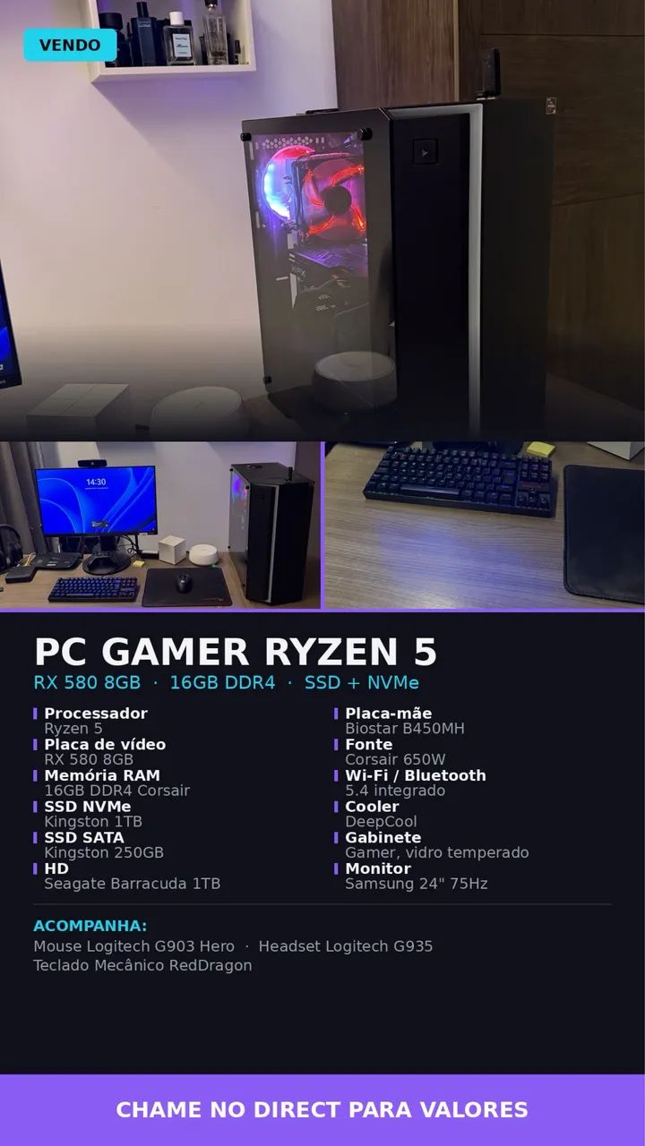 PC GAMER RYZEN 5 + Placa de Vídeo - Foto 4