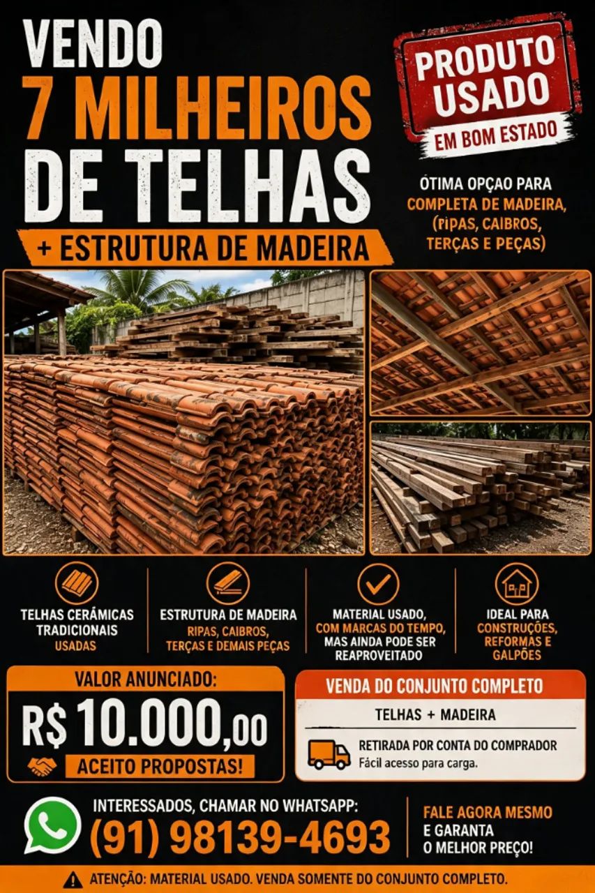 VENDO: 7 MILHEIROS DE TELHAS + ESTRUTURA COMPLETA DO TELHADO DE MADEIRA