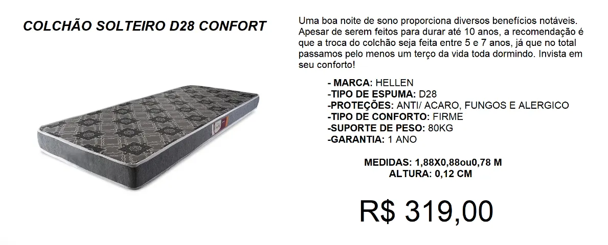 Colchão d28 solteiro hellen - compre hoje e receba amanhã