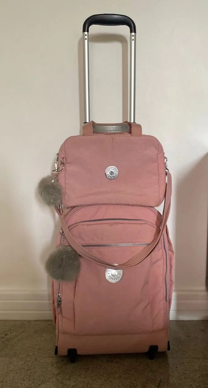 Jogo de Mochila de rodinha + Lancheira Kipling - cor Bridal Rosê 