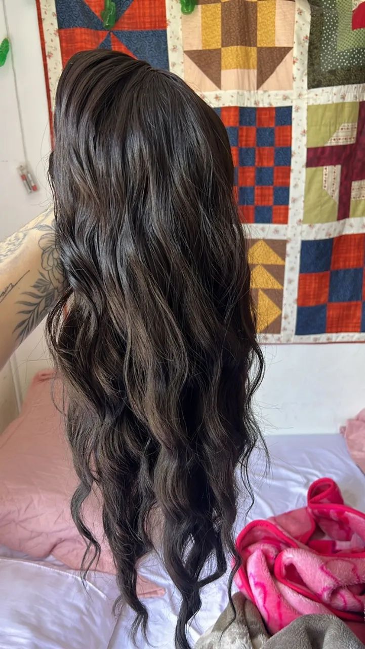 Peruca, Lace, Wig longa ondulada com franja - Foto 3