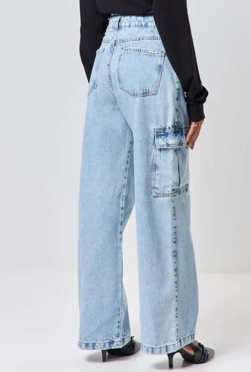 Calça Wide Leg Jeans Cargo - Usada - Foto 4