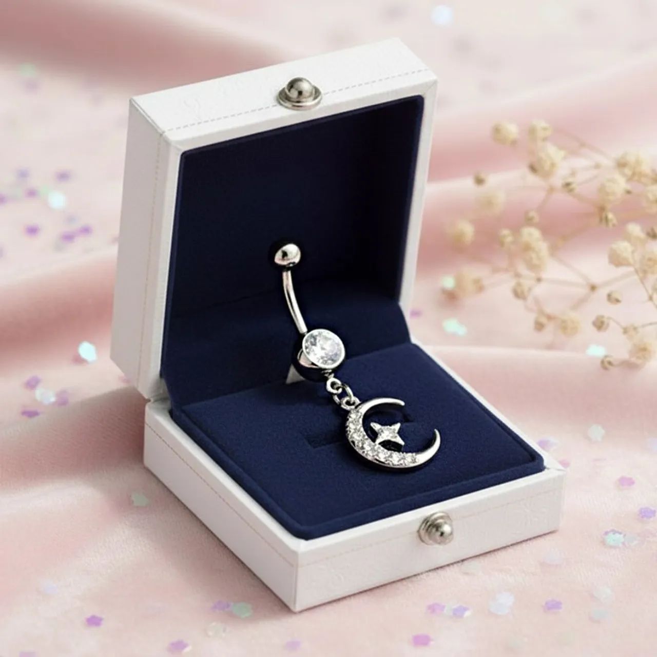Piercing de Umbigo com Pingente de Lua e Estrela Cravejada de Diamante