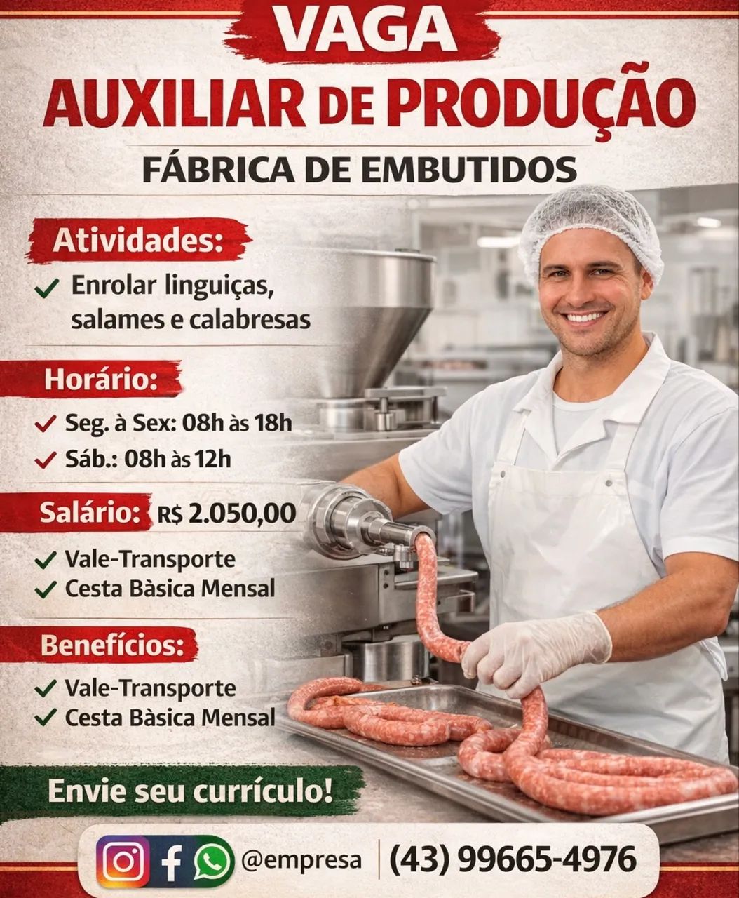 Vaga para auxiliar de produção 