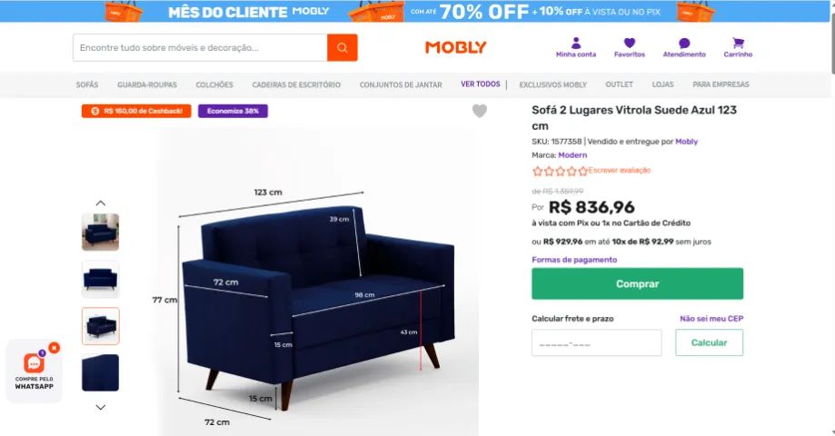 Sofá 2 Lugares Vitrola Suede Azul 123 cm - Foto 2