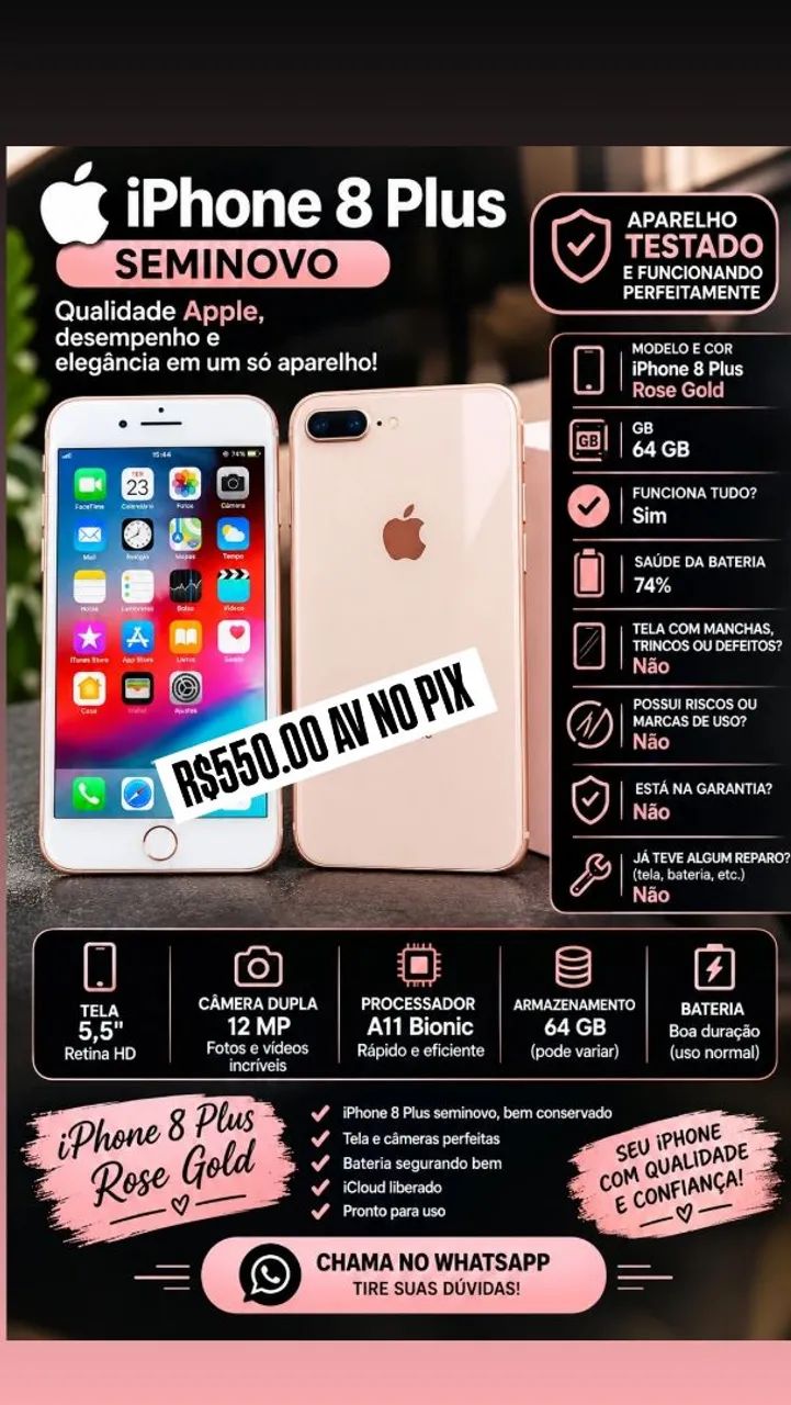 IPHONE 8 PLUS 64GB GOLD SEMINOVO  TODO ORIGINAL 