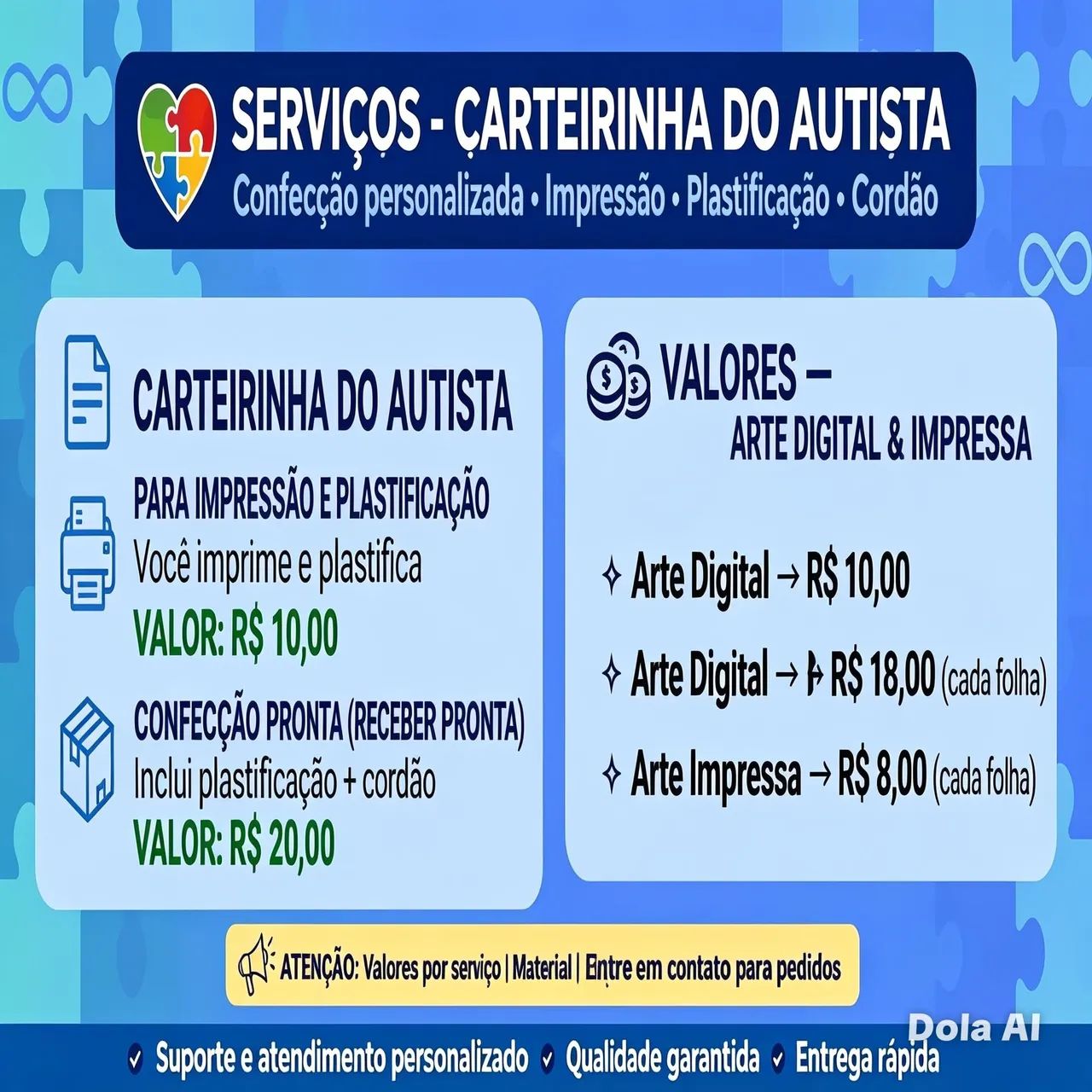 Confecção de carteirinha de autista,Sus e arte digital para convites 