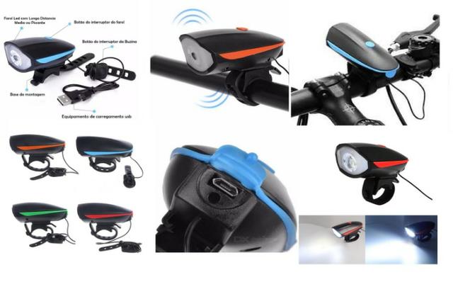 Farol Led Bike Com Buzina Recarregável Usb 1 Unidade - Foto 2