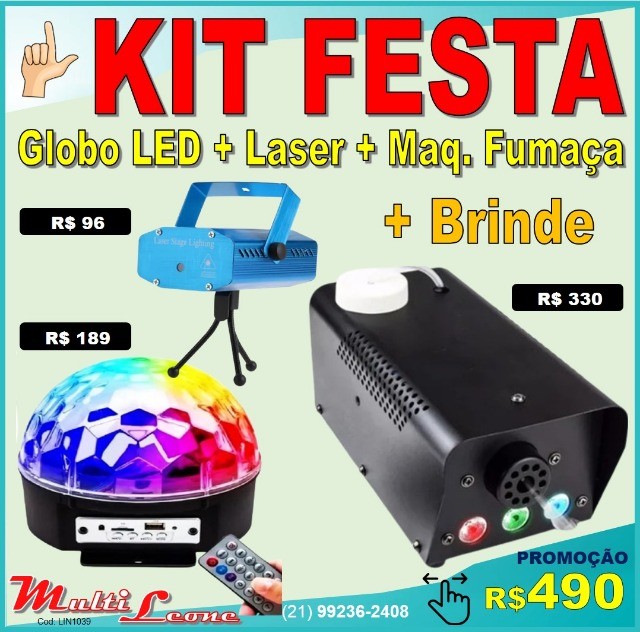 Kit Festa 3 itens Laser holográfico + Globo LED + Maquina Fumaça + Brinde