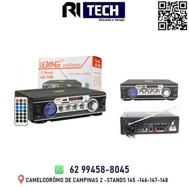 Amplificador Áudio Stereo Karaokê Bluetooth Fm Mp3 Le-706 - Lelong 