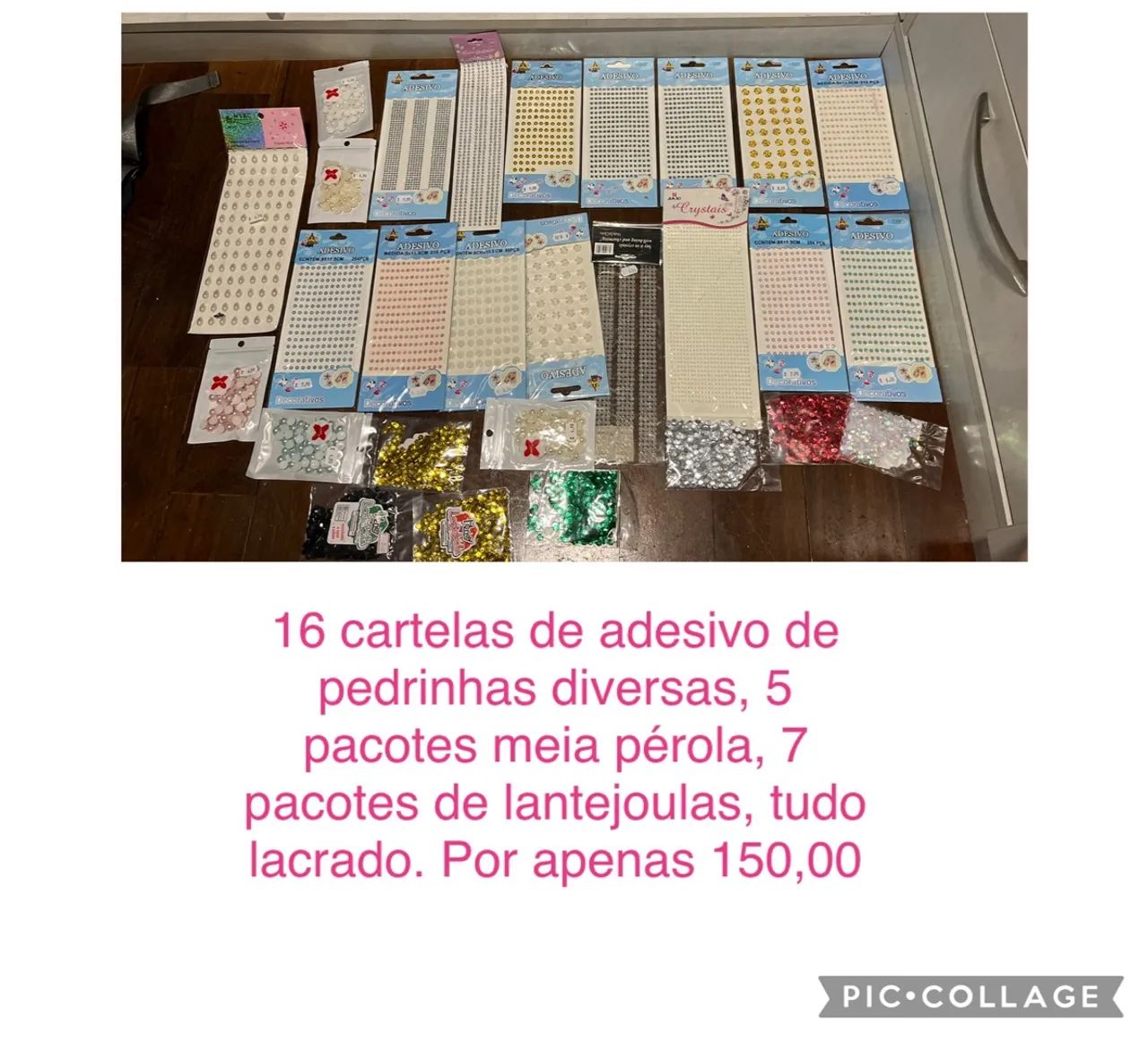 Pedrinhas em adesivo, meia pérola e lantejoulas