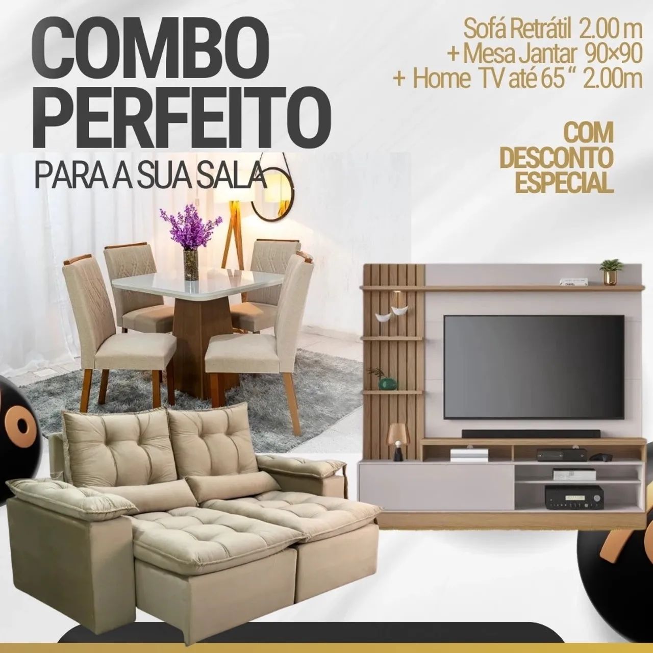 Sofá Retrátil 2,00m + Mesa 4 Cadeiras e Home Theater SUPER OPORTUNIDADE rf654