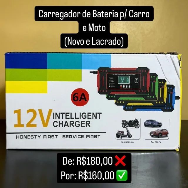 Carregador de Bateria p/ Carro e Moto (Novo e Lacrado)