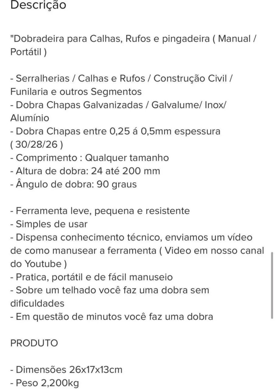 Dobradeira Portatil Chapa Aço Calha Rufo Calheiro - Foto 2