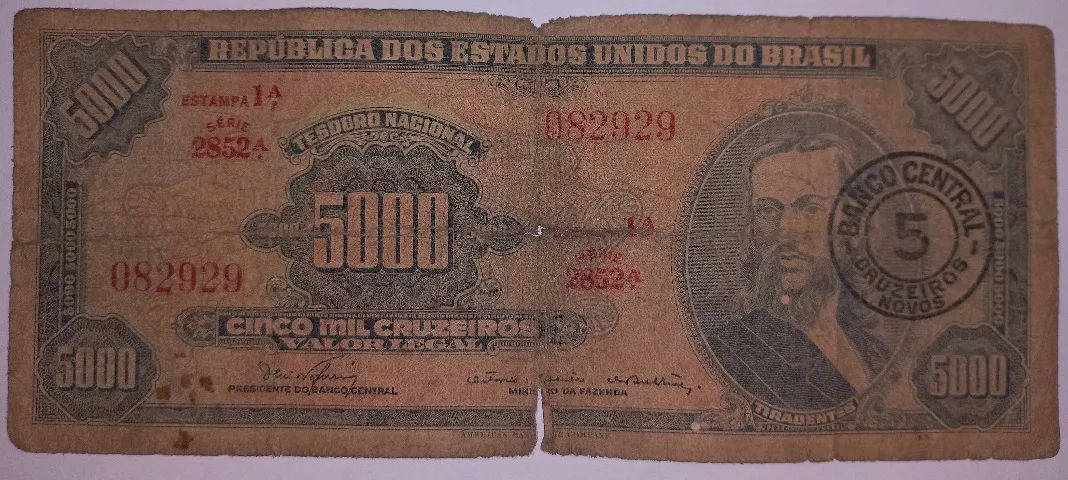Cédula do Brasil 5000 Cruzeiros com carimbo de 5 Cruzeiros Novos