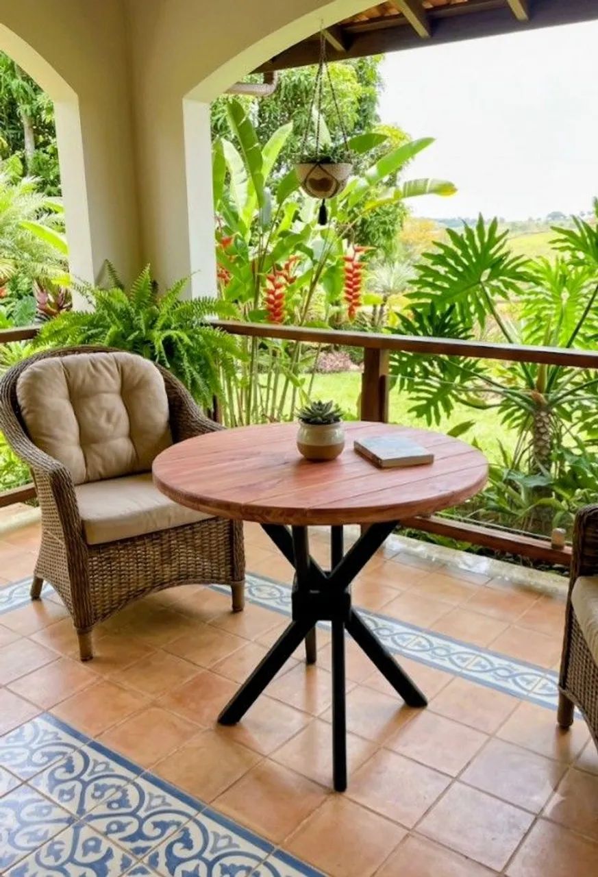 Mesa de madeira rústica com tampo ripado 90cms
