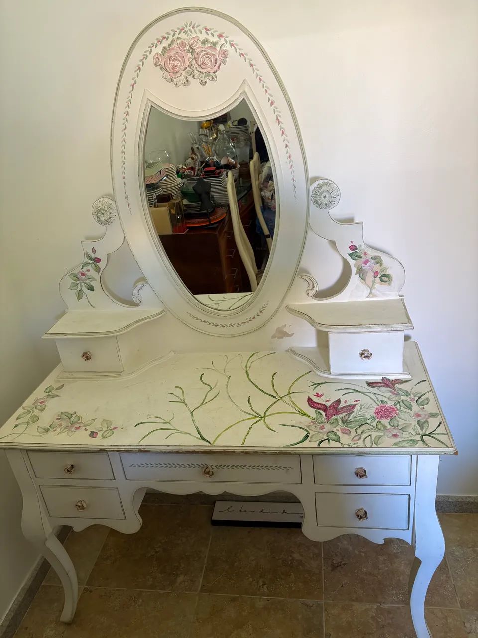 Penteadeira Provençal Vintage com Espelho Oval e Pintura Floral - Foto 2