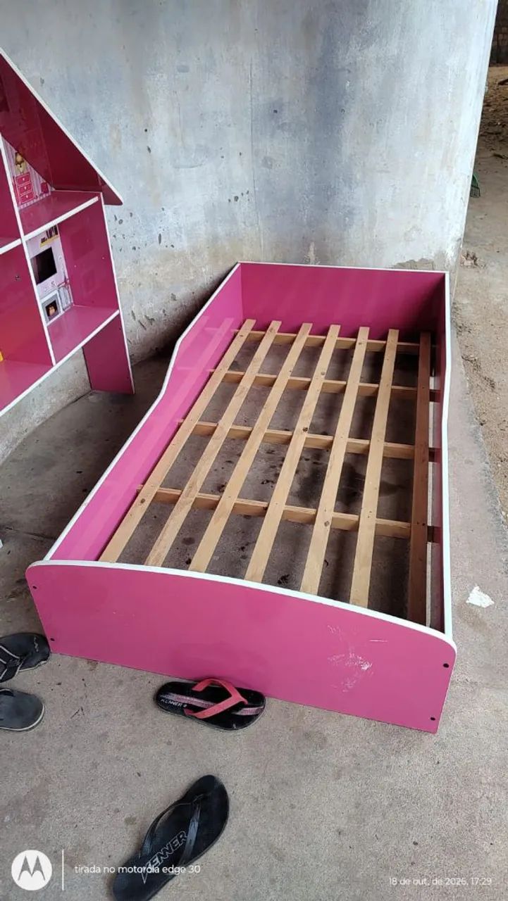 Cama Infantil de Solteiro com Cabeceira Casinha de Bonecas - Rosa - Foto 2