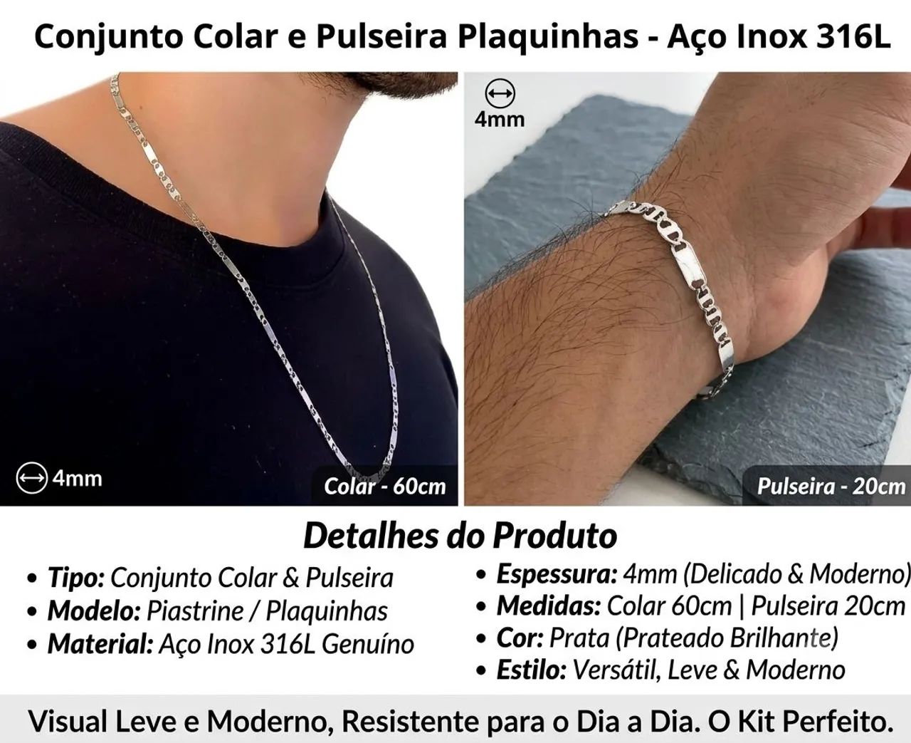 Corrente e pulseira Kit Plaquinha aço idêntica a prata
