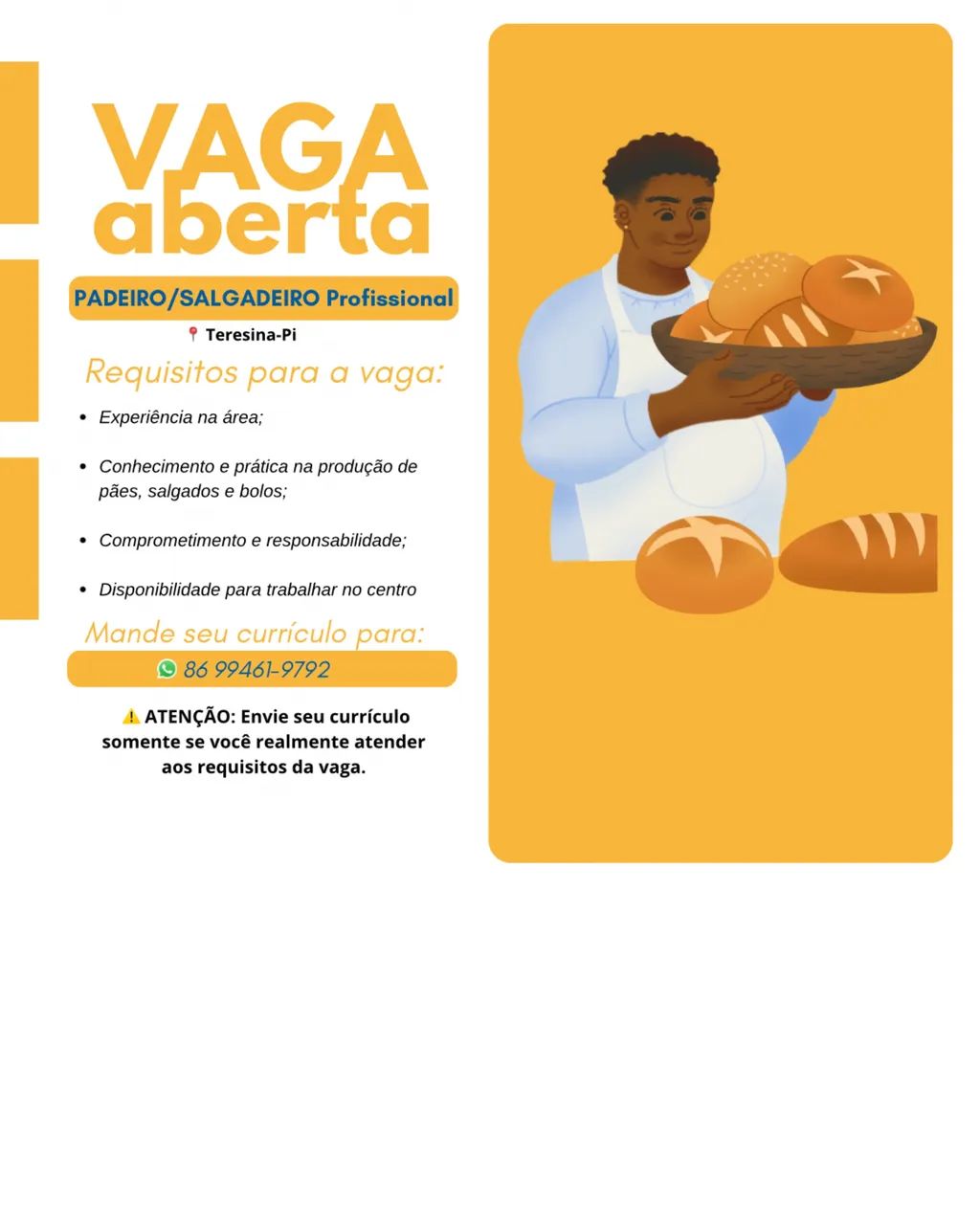 Vaga Padeiro/Salgadeiro Profissional 