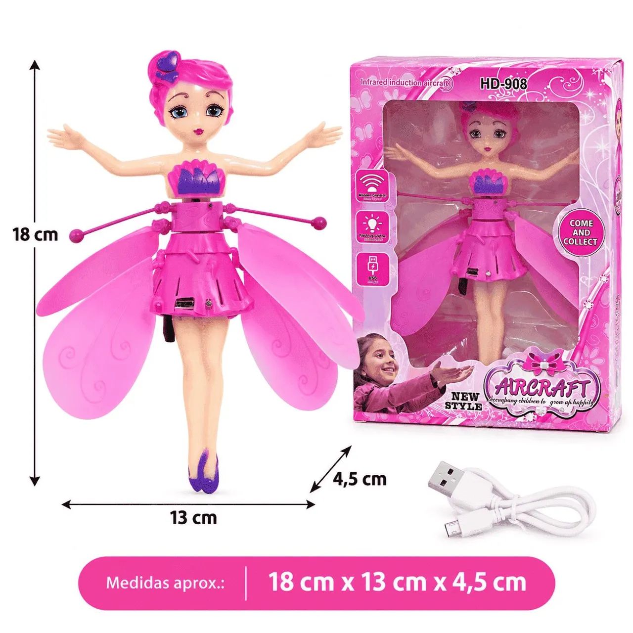 Boneca Fada Voadora Com Sensor Led Usb Brinquedo Infantil - Foto 5