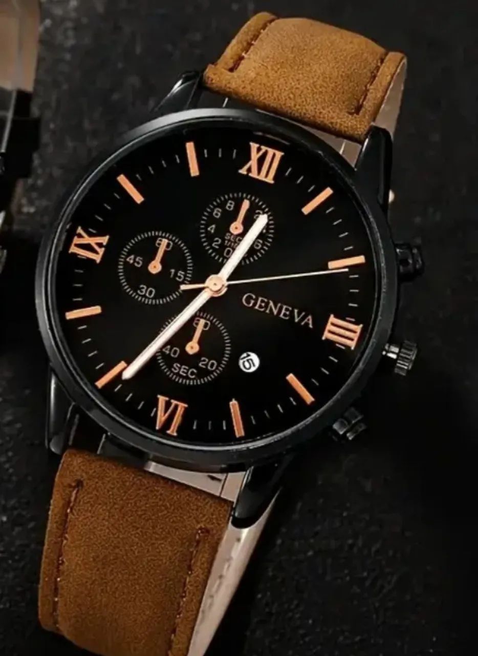 Relógio Geneva fundo preto, pulseira marrom
