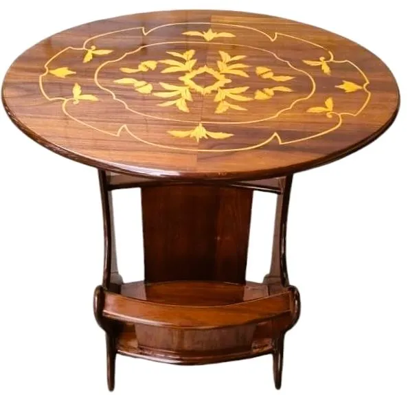 Mesa Lateral oval Estilo Inglês compartimento inferior tampo redondo detalhes marchetaria
