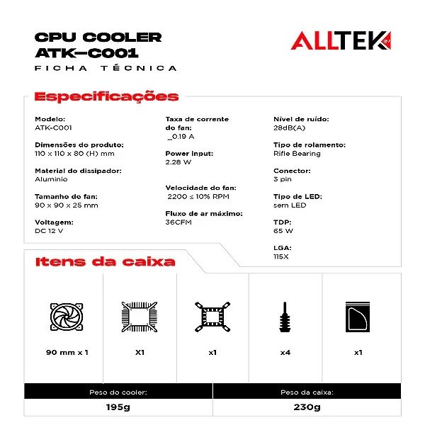 Air Cooler Para Processador 90mm, Tdp 65w, Preto - Alltek Atk-c001 em São Luís ma - Foto 4