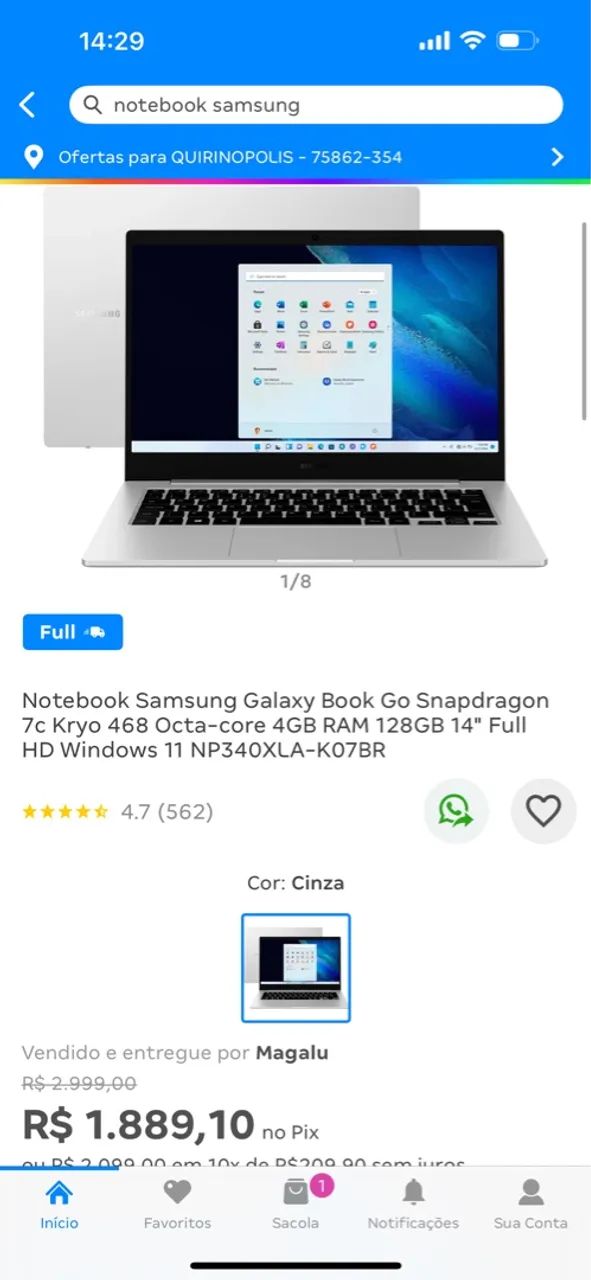 Notebook Samsung Galaxy Book Go - Snapdragon 7c - 4GB RAM - 128GB - 14 polegadas - Cinza