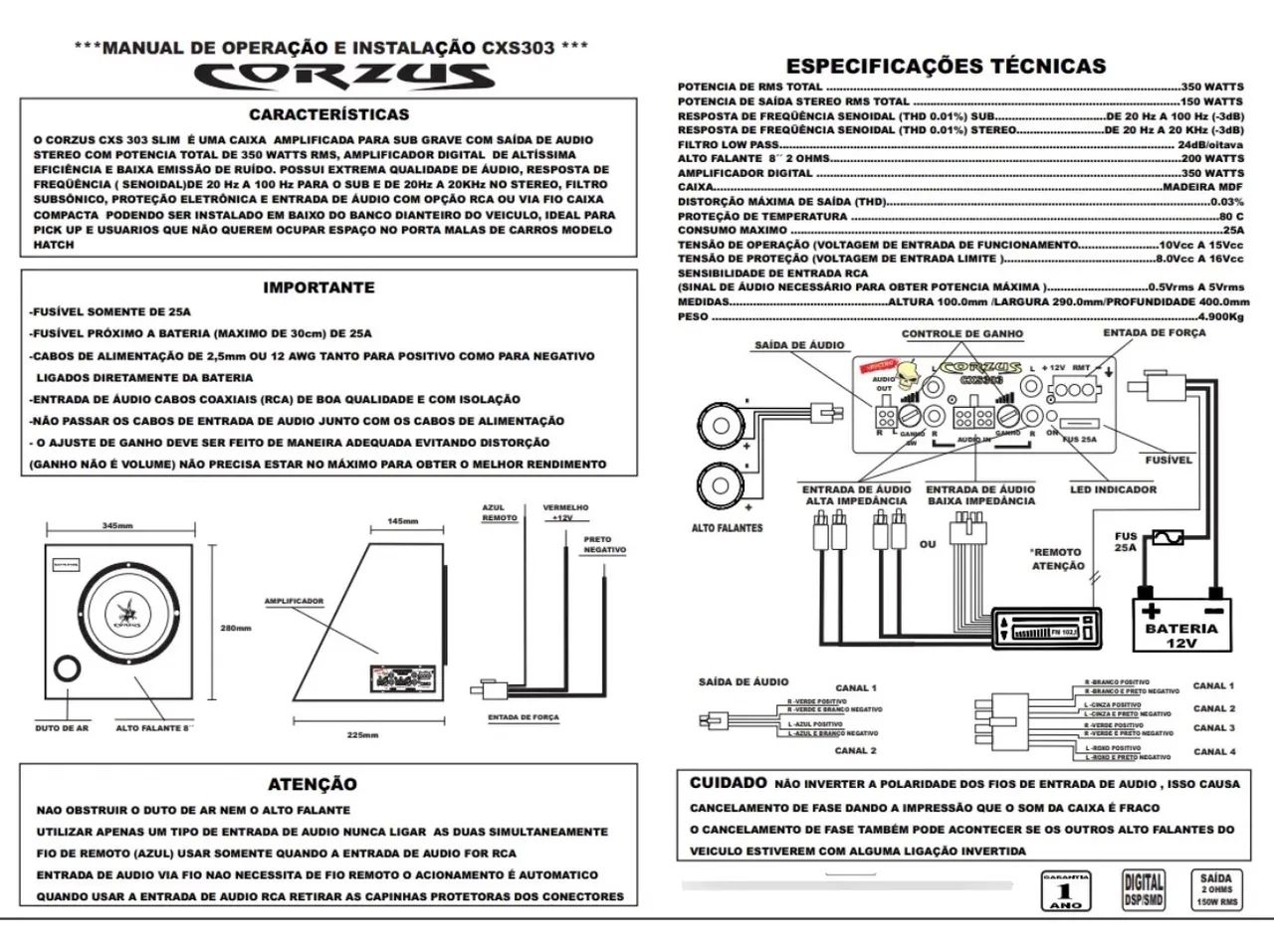 Caixa Amplificada Corzus  CXS303 Subwoofer 8" Com Saída Stereo 2 Canais Preto - Foto 4