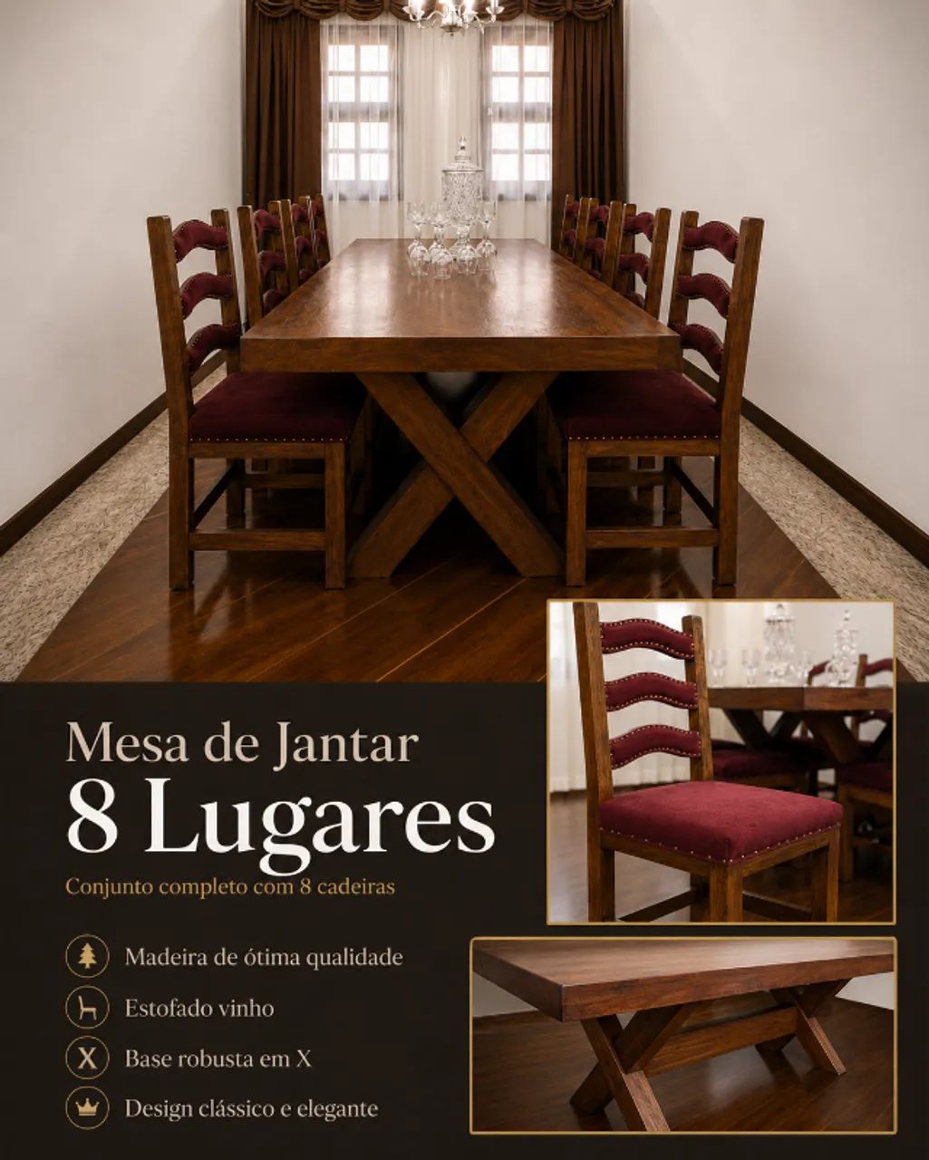 Mesa de Jantar em Madeira Nobre com 8 Cadeiras Estofadas