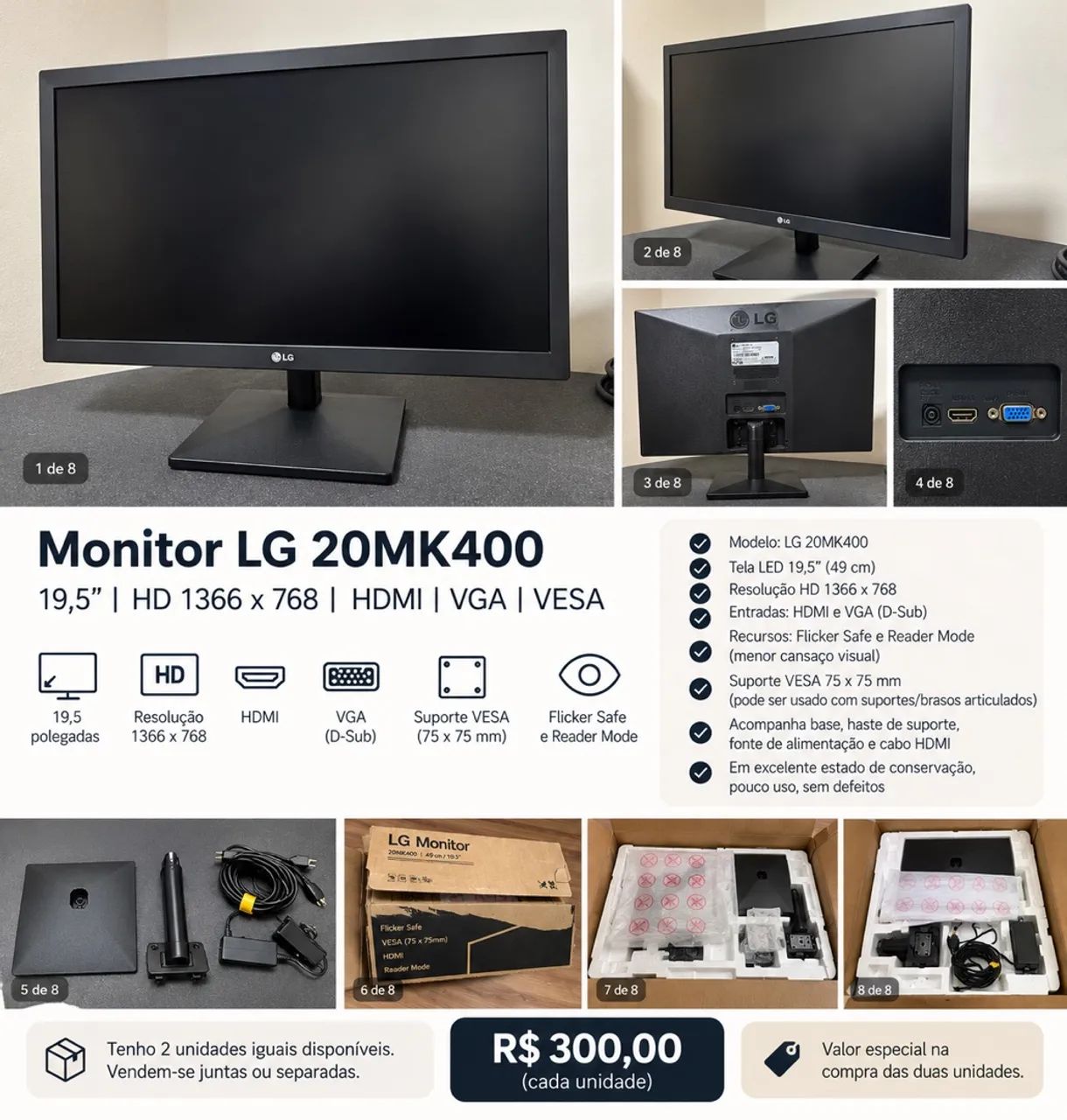 Monitor LG 19,5? LED HDMI VGA - Modelo 20MK400 - Foto 2