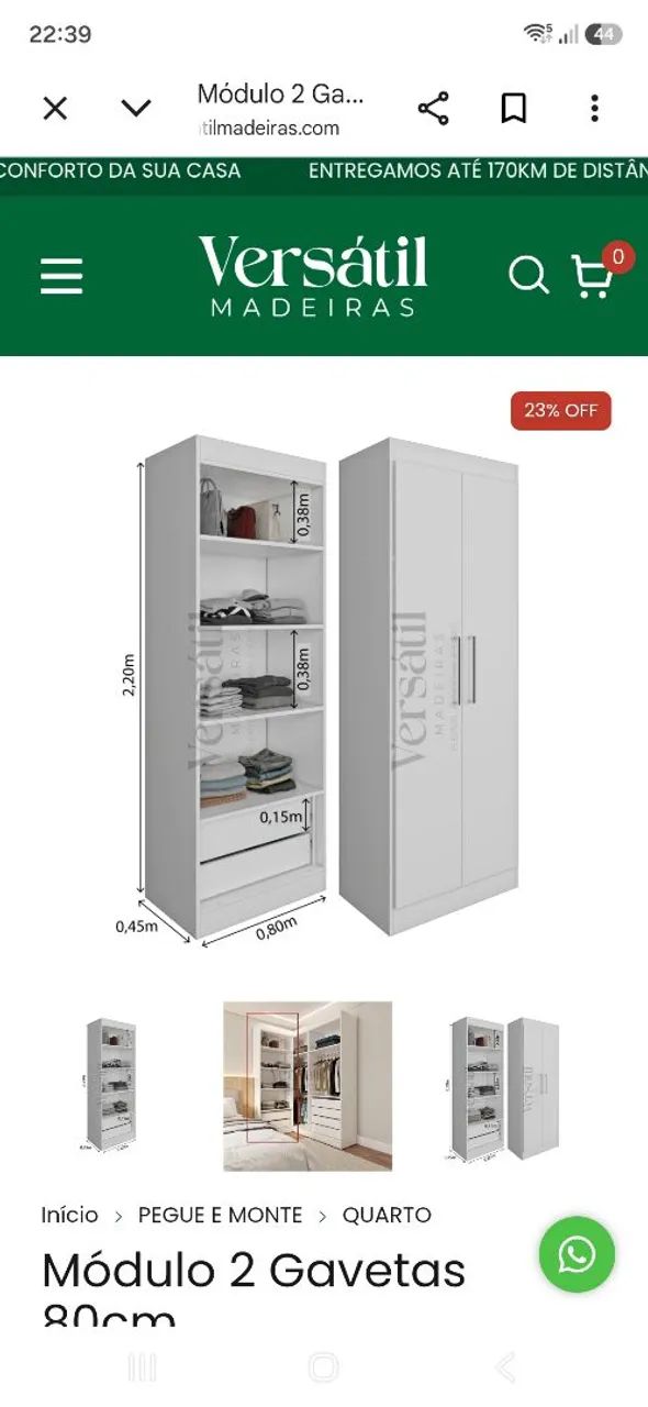 ? Módulo Guarda-Roupa 2 Gavetas 80 cm - MDF