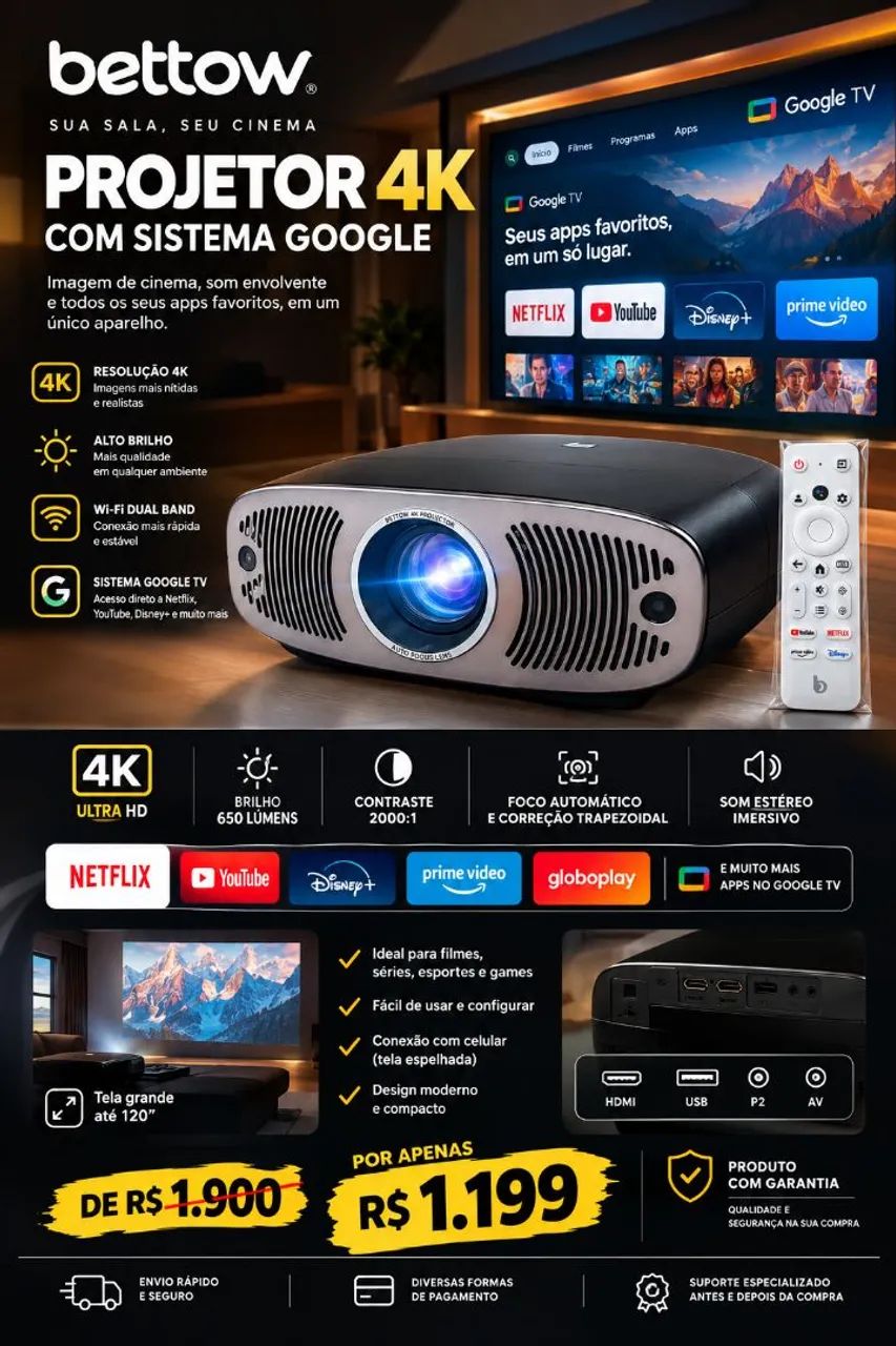 PROJETOR BETTOW 4K COM SISTEMA GOOGLE TV - Foto 4