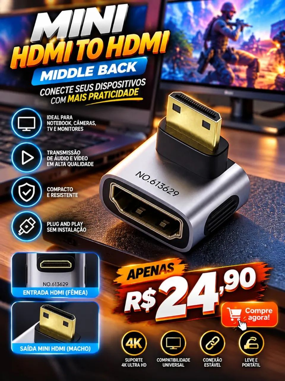 Mini HDMI to HDMI 90 graus Middle black