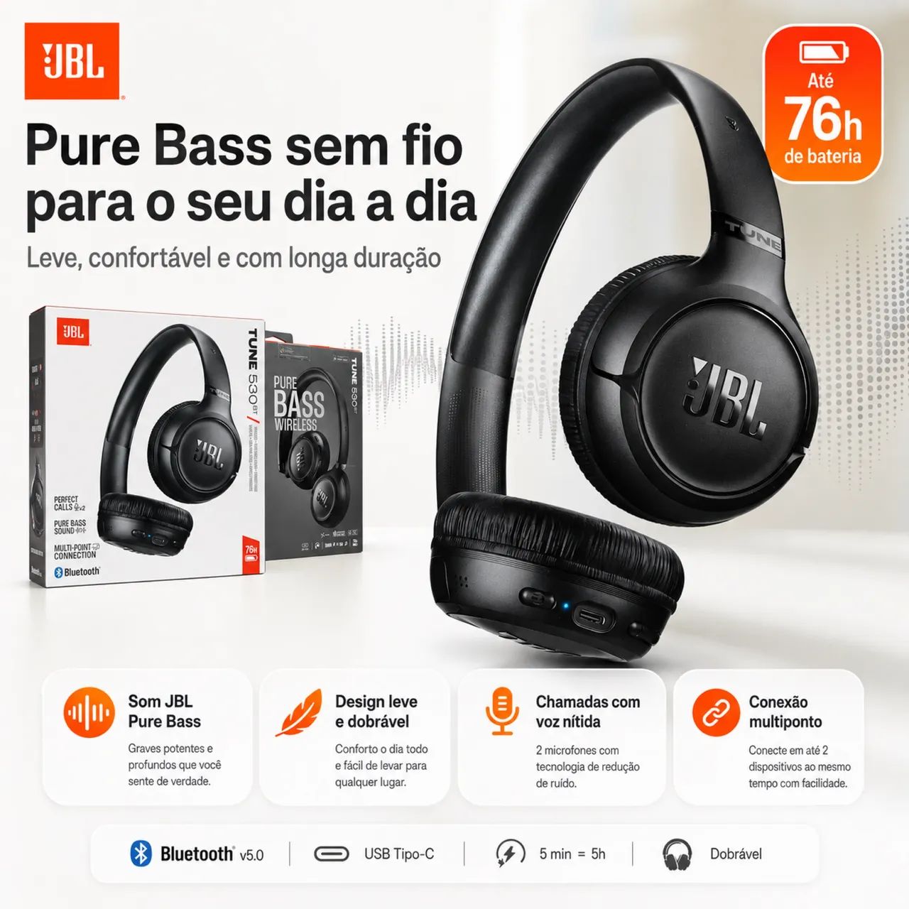 Fone JBL Bluetooth com som Pure Bass - Foto 3