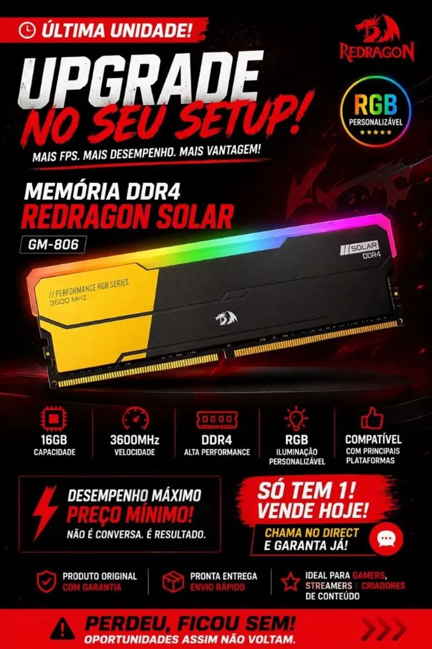 Memoria Redragon Solar, RGB, 16GB DDR4, 3600MHz, C18, Preta e