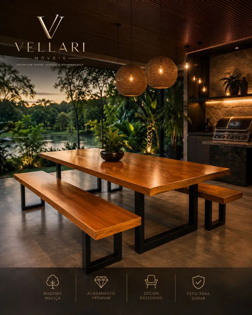 Mesa de Madeira Maciça com Bancos - Vellari Móveis 