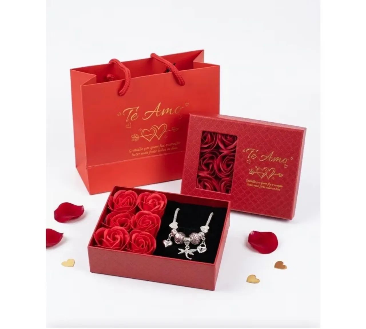 Kit Pulseira Berloque Com Pingentes  6 Rosas + Caixa Eu Te Amo e Sacola Presente  - Foto 2