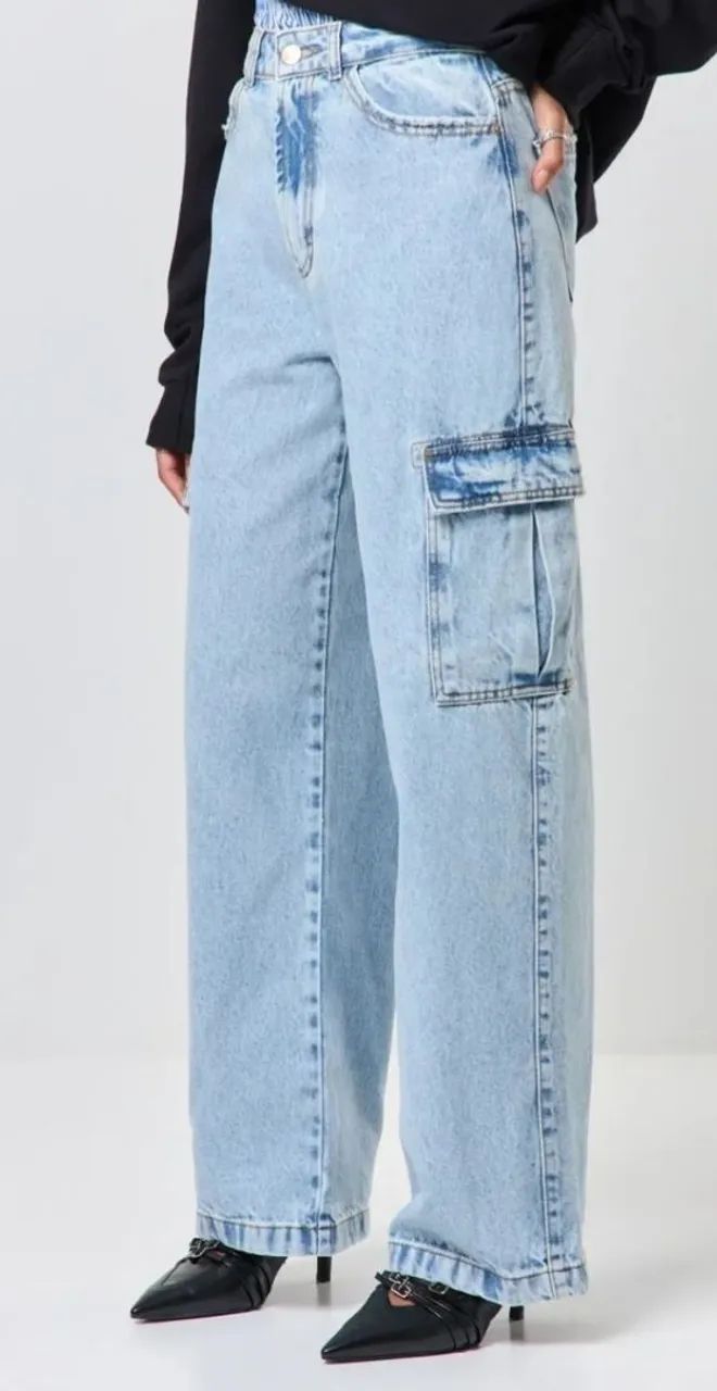 Calça Wide Leg Jeans Cargo - Usada - Foto 5