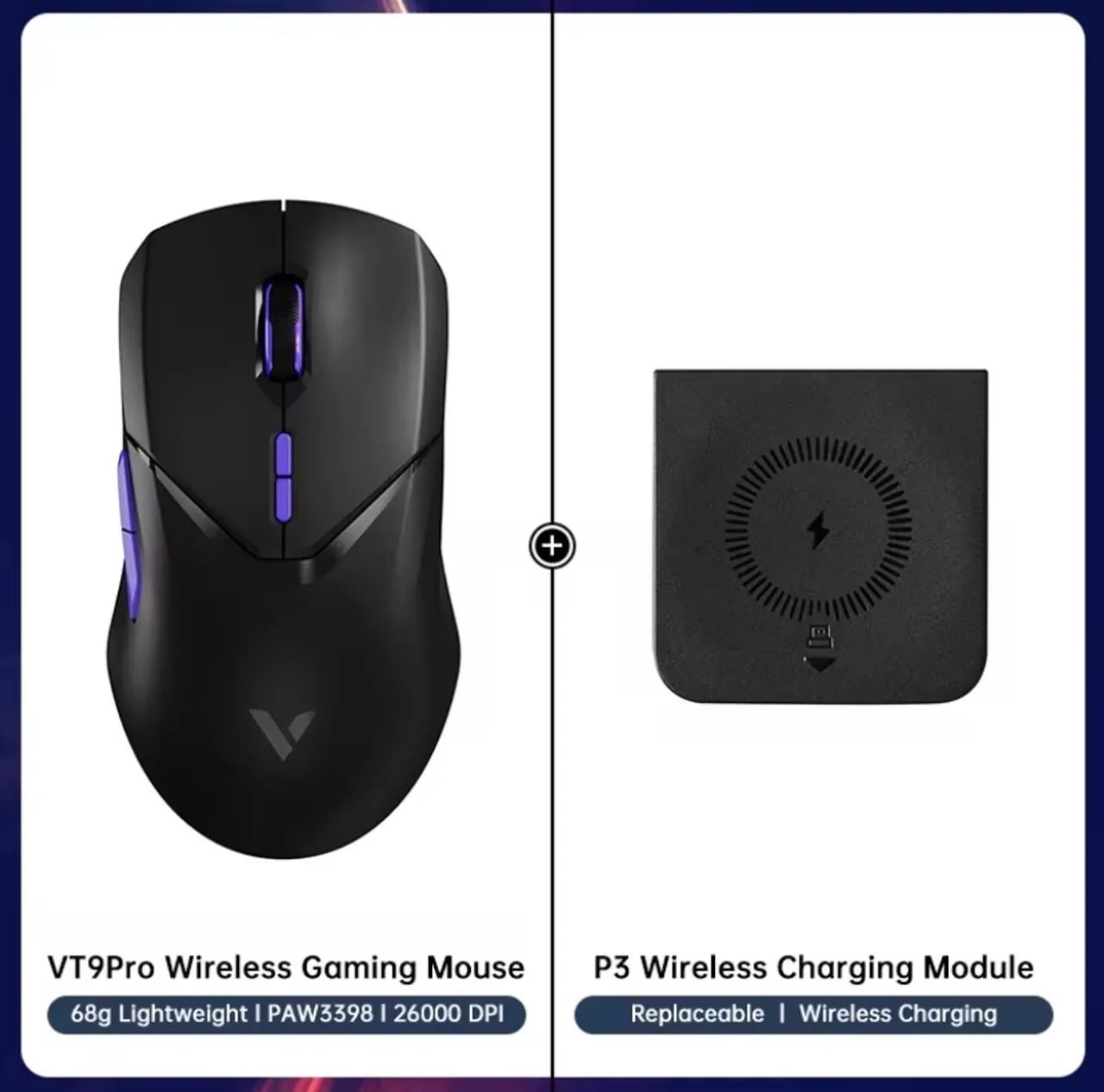 VT9Pro Wireless Gaming Mouse + Módulo P3 de Carregamento - Sensor PAW 3398