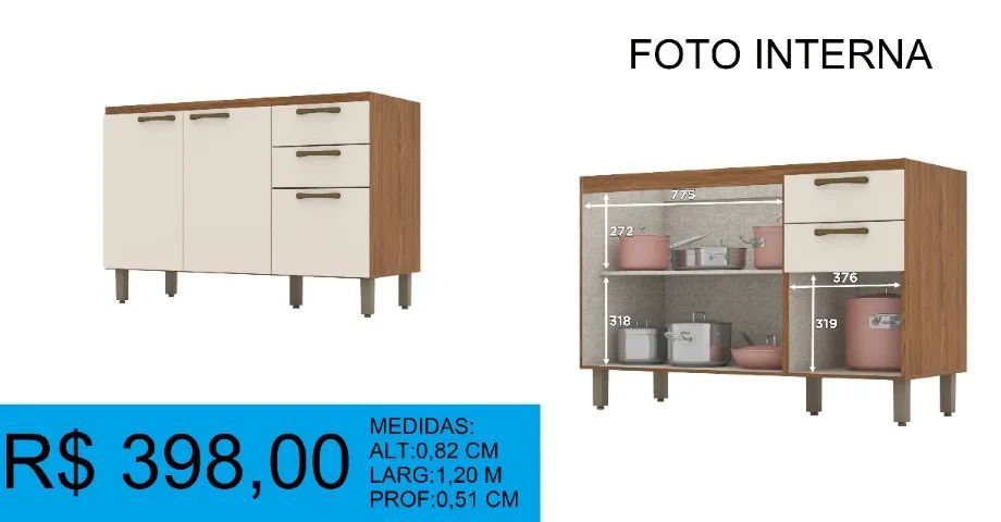 Balcão com 2 gavetas e 3 portas - Entrega e montagem inclusa 
