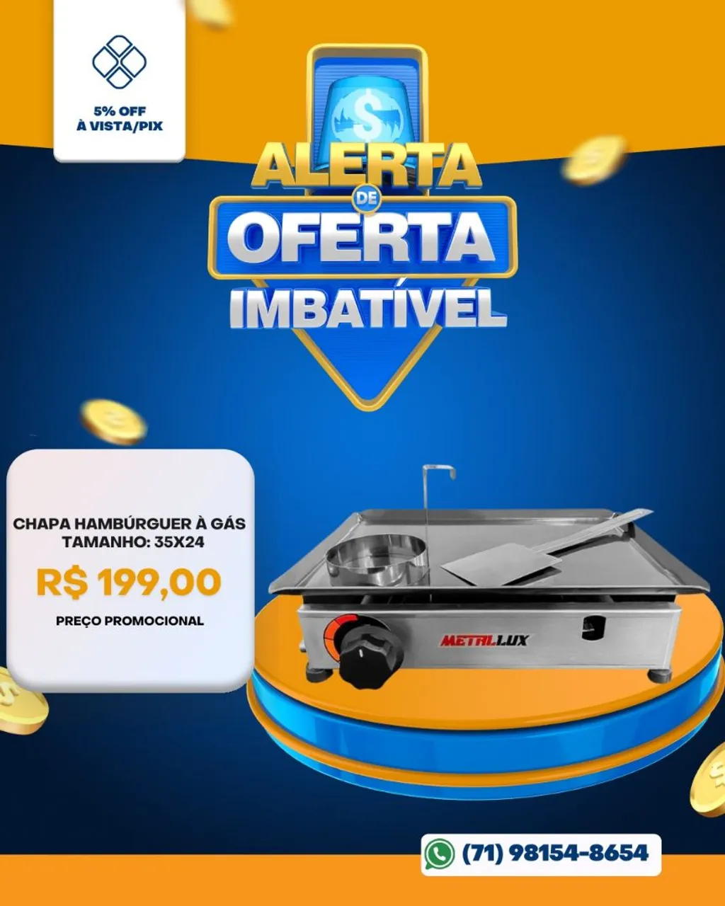 Chapa para Hambúrguer à Gás 35x24 - Metralux